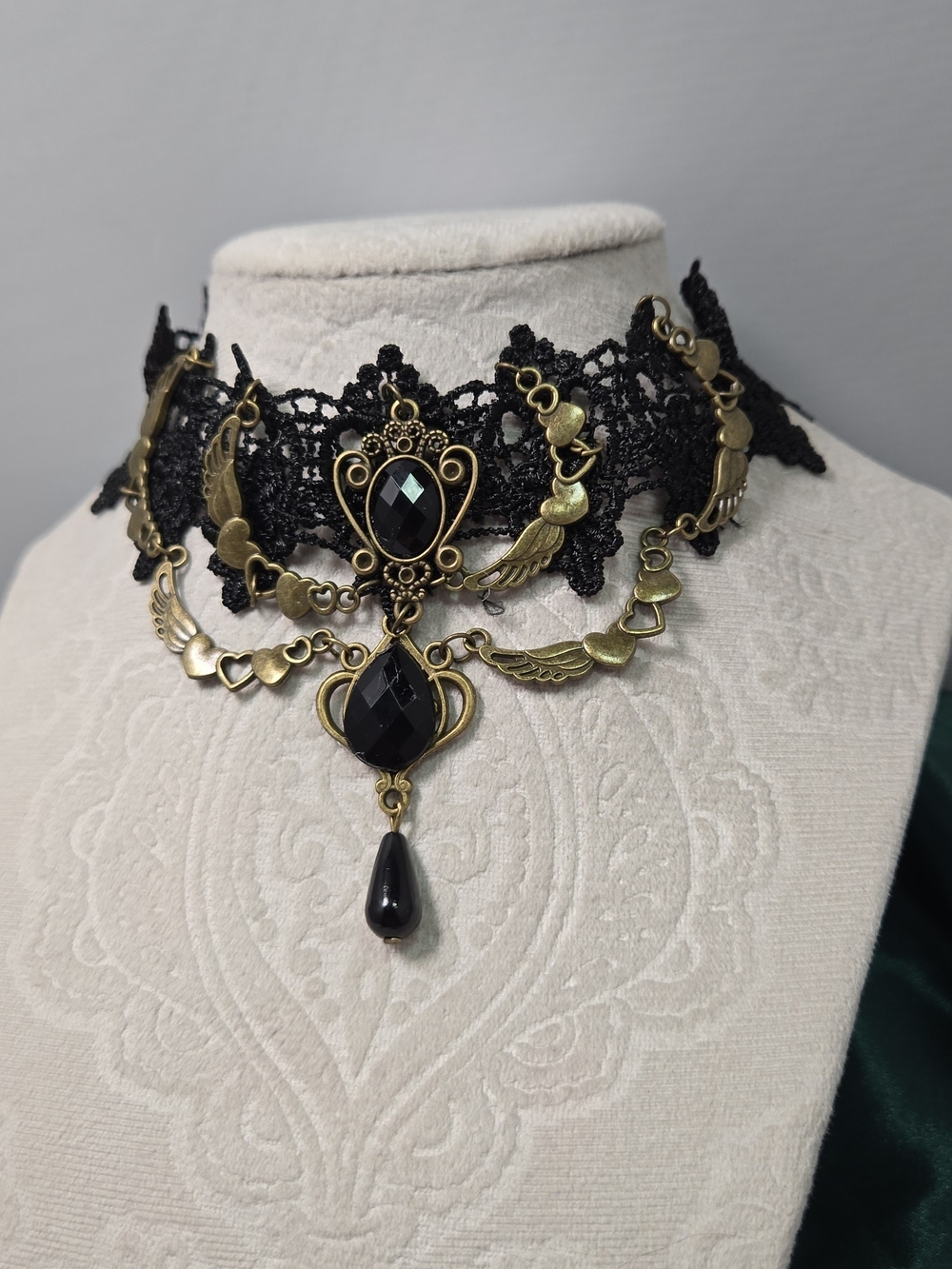 Gothic Victorian Lace Choker Black Gem Steampunk Lolita Vampire Necklace Hearts - Picture 3 of 5